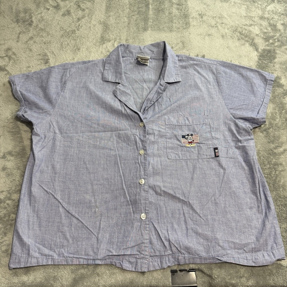 VTG The Disney Store Womens Short Sleeve USA Mickey Logo Button Shirt S/M Retro‎
